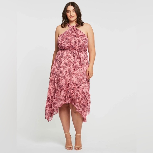 Estelle Red Sophia Floral Halter Neck Midi Dress Tiered Skirt  Size 2X/20W NWT - Picture 13 of 15